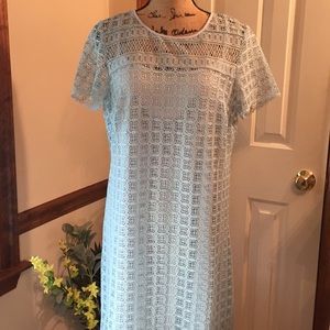 LOFT light blue/aqua lace sheath dress; 8